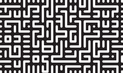 Seamless Maze Pattern Vector Background with Black Rounded Lines and Checkered Shadow Texture in Geometric Style and Unique Design for Web