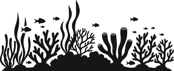 Wide black silhouette border illustrating a healthy coral reef and seaweed ecosystem, featuring various forms of coral and small fish, ideal for marine biology and nature backgrounds