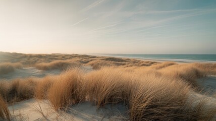 Golden marram grass dunes by ocean beach under soft light glow