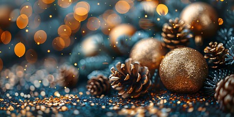 Panoramic festive background of golden Christmas baubles and pine cones with bokeh lights