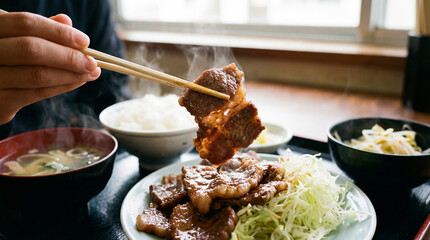 湯気立つジューシーな肉を箸で掴む！日本の美味しい焼肉定食ランチ