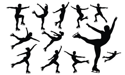 Figure Skater Poses: Black Silhouettes Collection, Ice Skater Black Silhouette Vector Set, Collection of Figure Skating Poses Silhouettes, silhouette, vector, illustration.