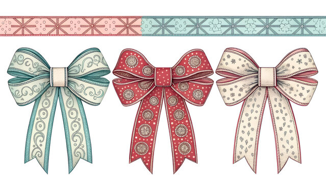 illustration: set of hand drawning ribbon bow decoration elements isolated on white or transparent png
