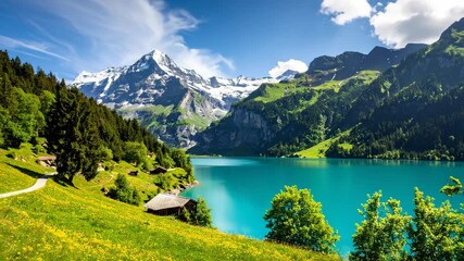 Breathtaking turquoise lake surrounded by verdant hillside meadows and majestic snow-capped mountain peaks under a sunny blue sky - Powered by Adobe