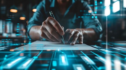 Person signing document with futuristic digital overlay