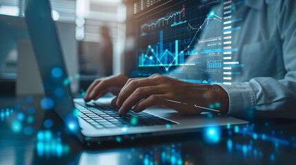 Person working on a laptop with futuristic data visualizations overlayed