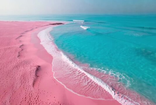 pink beach with blue sea