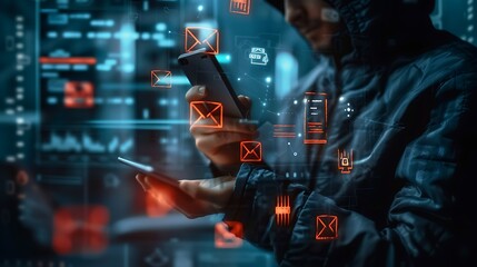 Futuristic hacker using advanced technology in a neon lit cityscape