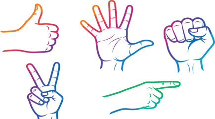 Rainbow outline hand gestures vector set thumbs up peace fist open palm pointing communication diversity
