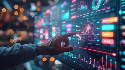 Hand interacting with futuristic digital data visualization screen