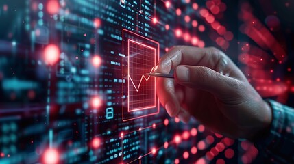 Hand interacting with a digital interface displaying code and security icons