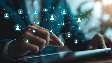 Business professional using tablet with digital network connections overlay