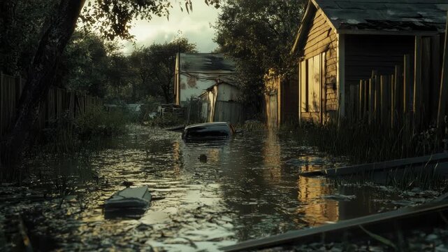 Video A flooded street with a stranded boat in the center, perfect for scenes where characters need to navigate through water or find shelter from rising waters