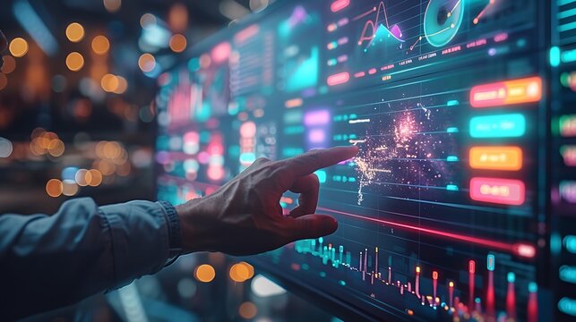 Hand interacting with futuristic digital data visualization screen