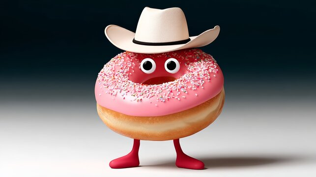 Cartoon donut character wearing a cowboy hat, standing confidently with arms and legs, showcasing a playful and whimsical design, perfect for fun food-related projects and creative illustrations