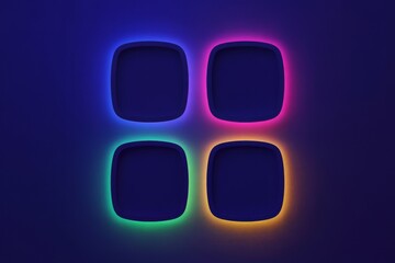 Four dark square frames with colorful neon light borders