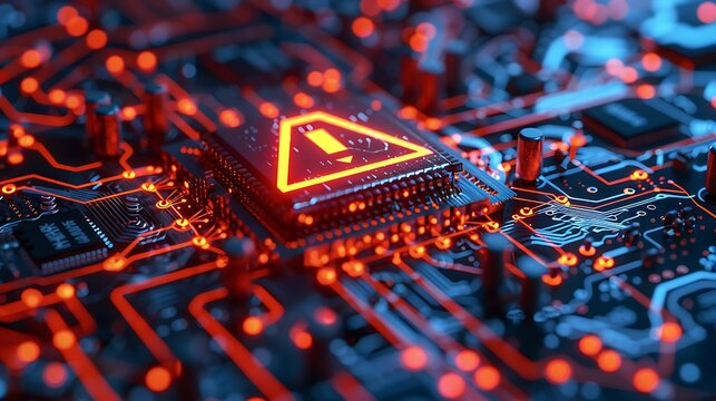 Digital warning symbol on futuristic circuit board