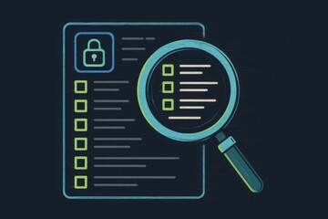 Digital security checklist magnified under scrutiny symbolizing vigilance accountability during cyber risk management strategy sessions with an emphasis on proactive defense