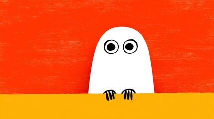 Cute cartoon ghost character with large eyes, peeking over a bright yellow surface against a vibrant orange background, creating a playful and whimsical atmosphere for design projects