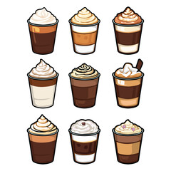 A set of hand drawn coffee drink illustrations featuring various café beverages such as latte, cappuccino, mocha, matcha, frappe, and creamy dessert drinks. Each cup is illustrated in a cute cartoon 