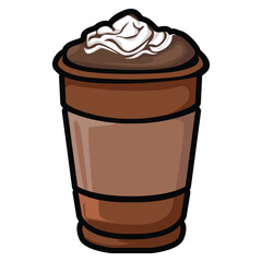 A set of hand drawn coffee drink illustrations featuring various café beverages such as latte, cappuccino, mocha, matcha, frappe, and creamy dessert drinks. Each cup is illustrated in a cute cartoon