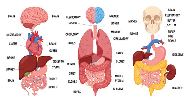 Human internal organs system displayed in a detailed flat 2D vector illustration, presenting labeled medical anatomy from a clear front view on a clean white background.