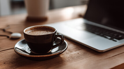 A cup of fresh espresso sits on a wooden desk next to an open laptop computer, ready for a productive day of work or a relaxing break moment at home.