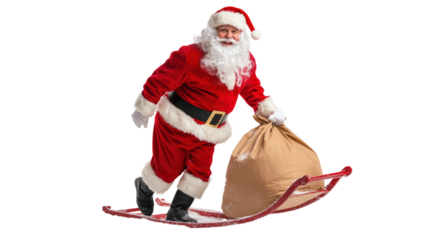 Santa Claus with gift bag on sleigh isolated on a transparent background