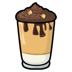 A set of hand drawn coffee drink illustrations featuring various café beverages such as latte, cappuccino, mocha, matcha, frappe, and creamy dessert drinks. Each cup is illustrated in a cute cartoon