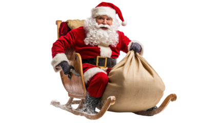 Santa Claus with gift bag in sleigh isolated on a transparent background