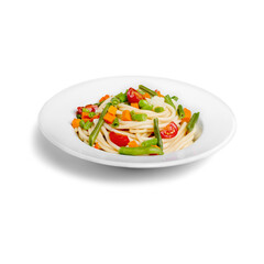 Delicious Pasta Primavera with Fresh Vegetables on a White Plate.