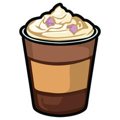 A set of hand drawn coffee drink illustrations featuring various café beverages such as latte, cappuccino, mocha, matcha, frappe, and creamy dessert drinks. Each cup is illustrated in a cute cartoon