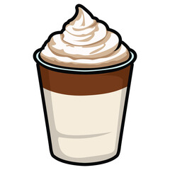 A set of hand drawn coffee drink illustrations featuring various café beverages such as latte, cappuccino, mocha, matcha, frappe, and creamy dessert drinks. Each cup is illustrated in a cute cartoon