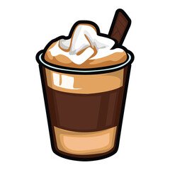 A set of hand drawn coffee drink illustrations featuring various café beverages such as latte, cappuccino, mocha, matcha, frappe, and creamy dessert drinks. Each cup is illustrated in a cute cartoon
