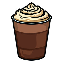 A set of hand drawn coffee drink illustrations featuring various café beverages such as latte, cappuccino, mocha, matcha, frappe, and creamy dessert drinks. Each cup is illustrated in a cute cartoon