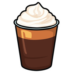 A set of hand drawn coffee drink illustrations featuring various café beverages such as latte, cappuccino, mocha, matcha, frappe, and creamy dessert drinks. Each cup is illustrated in a cute cartoon