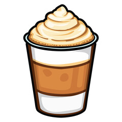 A set of hand drawn coffee drink illustrations featuring various café beverages such as latte, cappuccino, mocha, matcha, frappe, and creamy dessert drinks. Each cup is illustrated in a cute cartoon