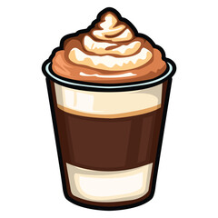 A set of hand drawn coffee drink illustrations featuring various café beverages such as latte, cappuccino, mocha, matcha, frappe, and creamy dessert drinks. Each cup is illustrated in a cute cartoon