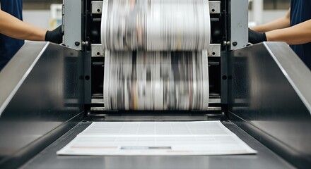 Printing press in action with blurred newspaper rolls, showcasing the dynamic process of journalism and news production in a modern printing facility
