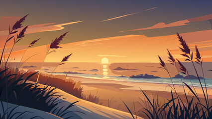 Very beautiful sunrise scene on Hilton Head Island featuring gentle sand dunes and silhouetted sea oat grass against a glowing horizon, captured in a clean, serene, non-specific natural setting suitab