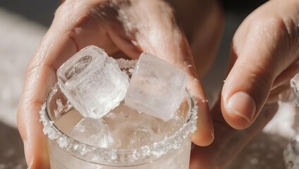 Close up of hands holding a refreshing drink with ice cubes.