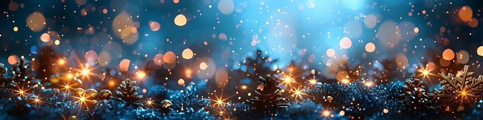 Panoramic Christmas Eve with Snowfall and Twinkling Lights on Fir Trees