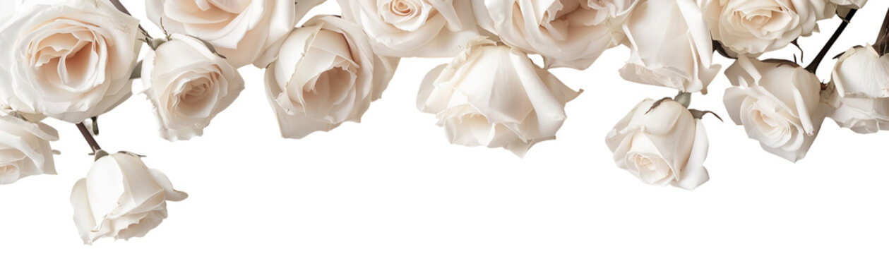 Soft white roses arranged beautifully form a delicate bottom border. The transparent background allows for versatile use in various design projects and decor themes