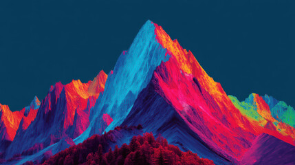 Colorful mountain range peaks are digitally rendered with bright blues, reds, oranges and purples creating a unique and abstract scenic landscape design.