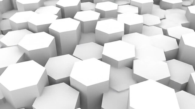 A 3D rendered image of a field of white, hexagonal prism shapes in an abstract perspective