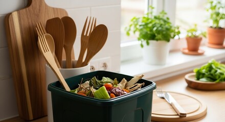 Compost bin filled with food scraps in kitchen
