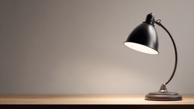 A minimalist modern desk lamp casts soft diffused light on a wooden surface, creating an elegant and balanced composition with ample copy space.