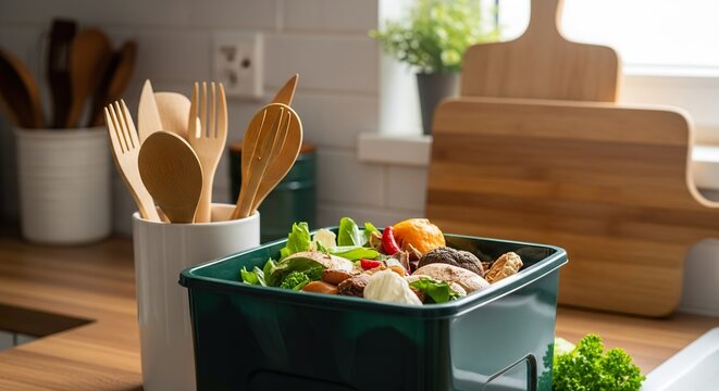 Compost bin filled with kitchen waste - Powered by Adobe
