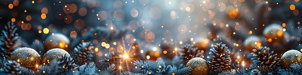 Panoramic Christmas Decoration with Pine Cones and Sparklers, Festive Winter Holiday Background