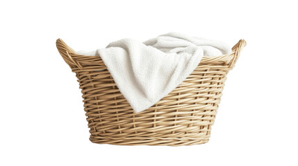 Wicker laundry basket with white towel isolated on a transparent background